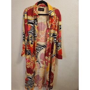 Spoon Jeans Dress Womens 1X Red Baroque Zebra Print Button‎ Front Long Sleeve
